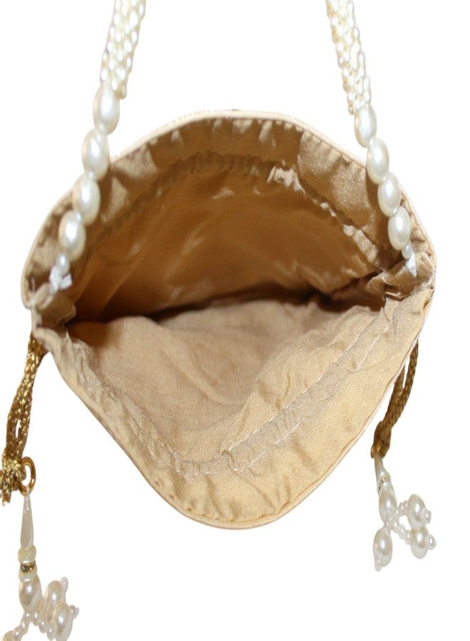 MILAN'S CREATION : Pearl & Zardosi Potli Bag Hand Embroidery Drawstring Potli Women's Handbag Purse With Pearl Handle & Tassel Purse (Gold) - Image 5
